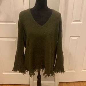 Elliott Lauren Olive Green V-Neck Fringe Sweater